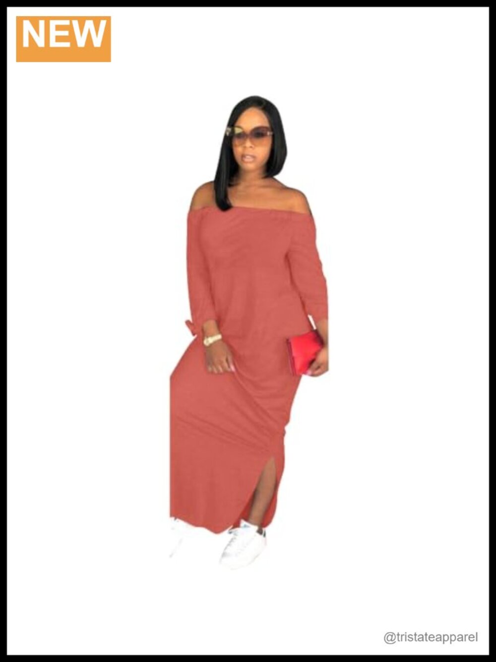 Off Shoulder Long Sleeve Maxi Dress with Side Slit Loose Fit